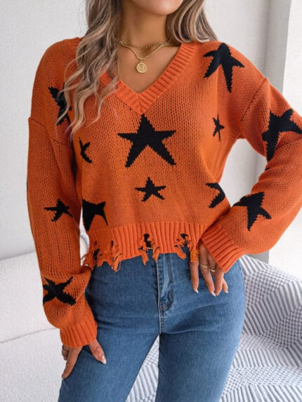 Wholesale Star Pattern V-neck Long Sleeve Sweater