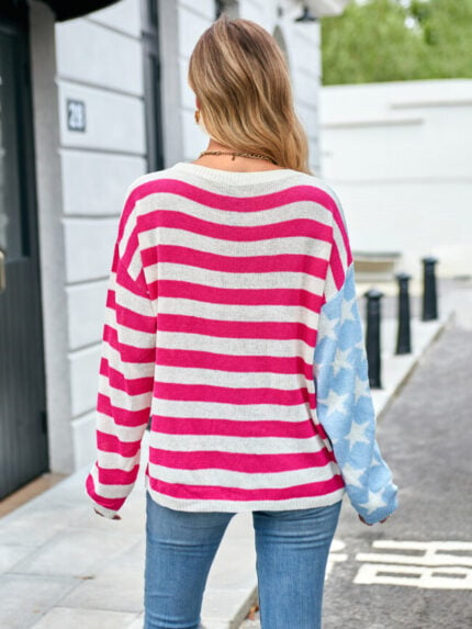 Wholesale Stars and Stripes Color Block Crew Neck Sweater