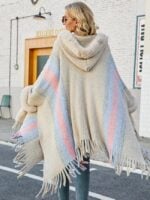 Wholesale Striped Fur Fringed Paneled Shawl Cardigan