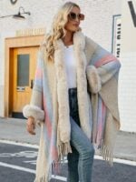 Wholesale Striped Fur Fringed Paneled Shawl Cardigan