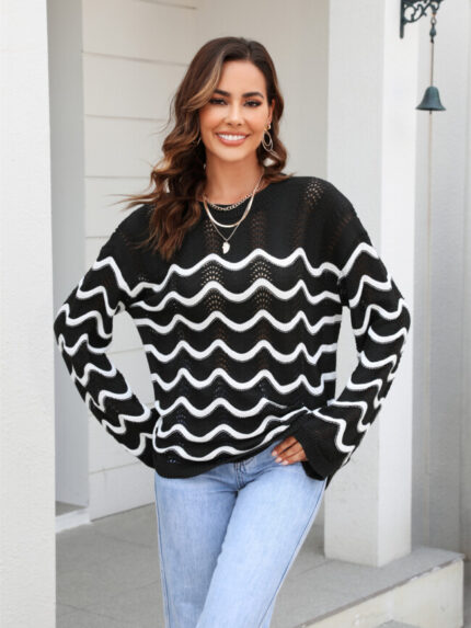 Wholesale Striped Hollow Long Sleeve Loose Knit Sweater