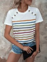 Wholesale Striped Print Panel Button Short Sleeve T-Shirt