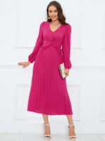 Wholesale V Neck Balloon Sleeve Pleated Dress