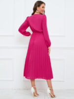 Wholesale V Neck Balloon Sleeve Pleated Dress