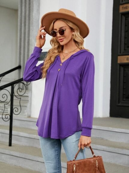 Wholesale V Neck Button Long Sleeve Hoodie