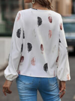 Wholesale V Neck Feather Print Long Sleeve Blouse