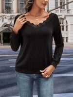 Wholesale V Neck Lace Panel Long Sleeve Top