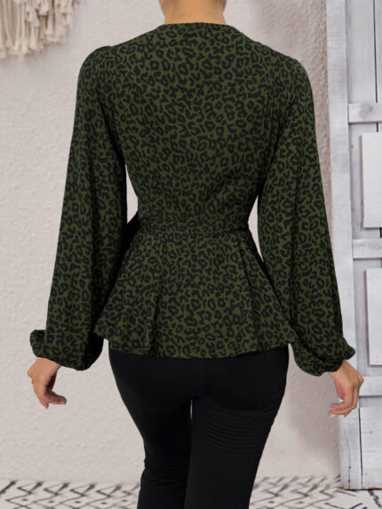 Wholesale V Neck Leopard Print Puff Sleeve Blouse