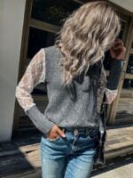 Wholesale V Neck Long Sleeve Lace Panel Sweater