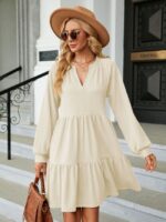 Wholesale V Neck Long Sleeve Solid Color Dress