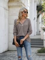 Wholesale V Neck Pocket Loose Long Sleeve Top