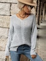 Wholesale V Neck Twist Long Sleeve Sweater