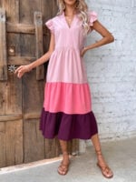 Wholesale V-neck Color Block Ruffle Sleeve Dress