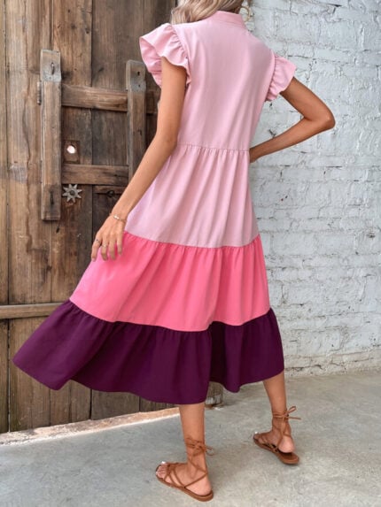 Wholesale V-neck Color Block Ruffle Sleeve Dress