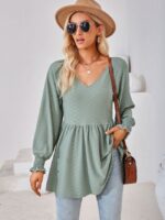 Wholesale V-neck Jacquard Ruffle Sleeve T-shirt