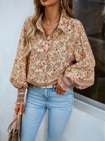 Wholesale Bohemian Lapel Puff Sleeve Shirt