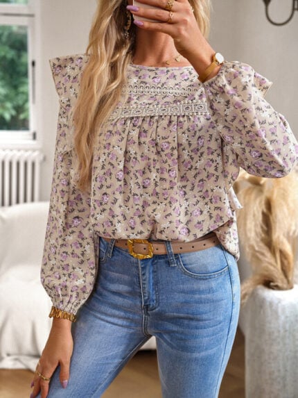 Wholesale Boho Floral Puff Sleeve Blouse