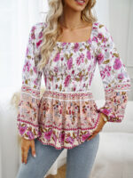 Wholesale Boho Floral Square Neck Long Sleeve Blouse