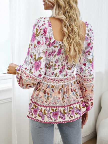 Wholesale Boho Floral Square Neck Long Sleeve Blouse