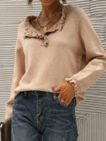 Wholesale Button Ruffle Casual Long Sleeve Sweater