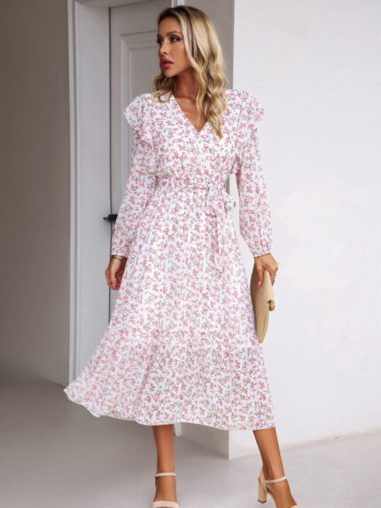 Wholesale Casual Floral V-neck Long Sleeved Dress