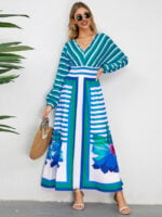 Wholesale Color Contrast Striped Floral V-Neck Swing Dress