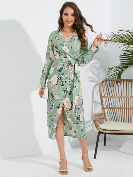 Wholesale Elegant Floral V Neck Slit Dress