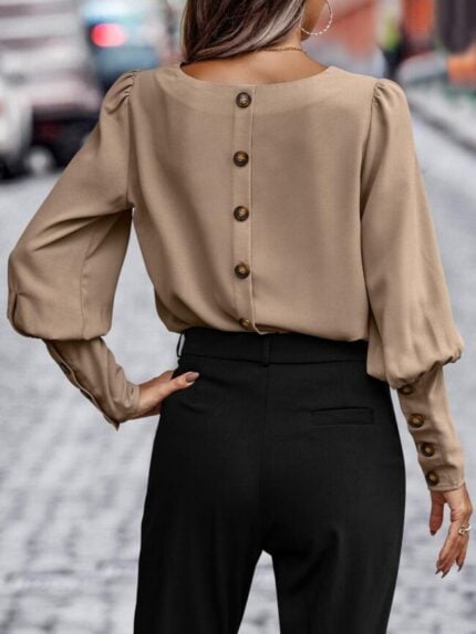 Wholesale Elegant Round Neck Balloon Sleeve Blouse