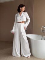 Wholesale Fashion Faux Silk Feather Pajama Set