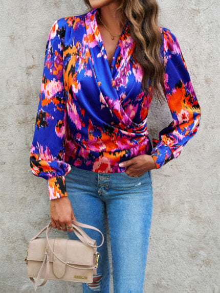 Wholesale Fashion Printed Puff Sleeve V-Neck Blouse