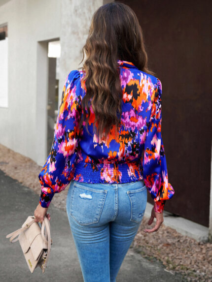 Wholesale Fashion Printed Puff Sleeve V-Neck Blouse