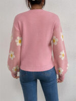 Wholesale Floral Jacquard Puff Sleeve Sweater