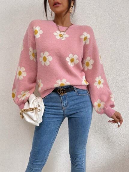 Wholesale Floral Jacquard Puff Sleeve Sweater