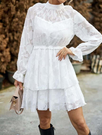 Wholesale Floral Mesh Ruffle Sleeve Layered Dress