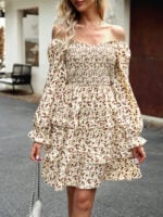 Wholesale Floral Off-Shoulder Ruffle Sleeve Layered Dress