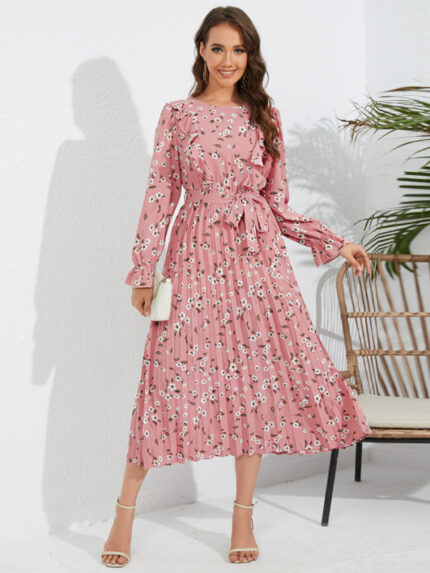 Wholesale Floral Round Neck Pleated Dress