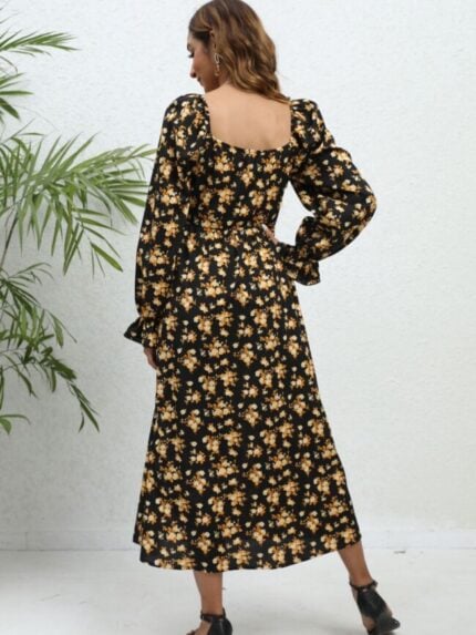 Wholesale Floral Ruffle Sleeve Slit Dress