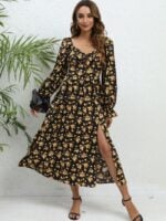 Wholesale Floral Ruffle Sleeve Slit Dress