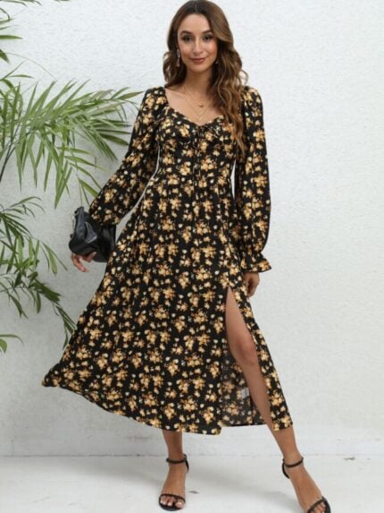 Wholesale Floral Ruffle Sleeve Slit Dress