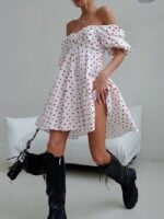 Wholesale Heart Print Off Shoulder Puff Sleeve Dress