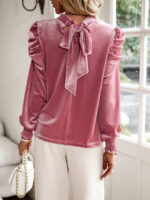 Wholesale High Neck Pleated Velvet Long Sleeve Top