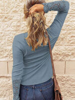 Wholesale Lace Panel Round Neck Long Sleeve T-Shirt