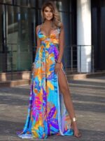 Wholesale Leaf Print High Waist Slit Slip Dress