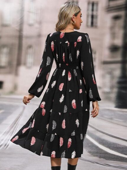 Wholesale Leaf Print V-Neck Puff Sleeve Dress