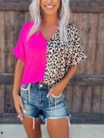 Wholesale Leopard Print Colorblock V-Neck T-Shirt