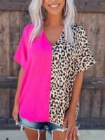 Wholesale Leopard Print Colorblock V-Neck T-Shirt