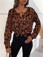 Wholesale Leopard Print Crewneck Long Sleeve Blouse