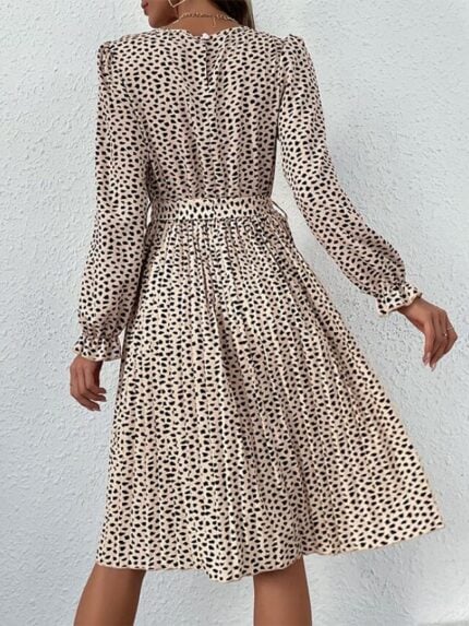 Wholesale Leopard Print Round Neck Ruffle Sleeve Dress