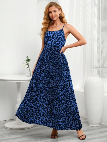 Wholesale Leopard Print Strappy Pleated Dress