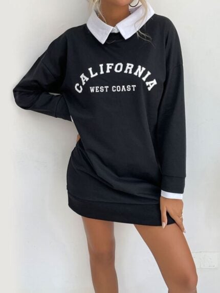 Wholesale Letter Print Lapel Panel Sweatshirt Dress